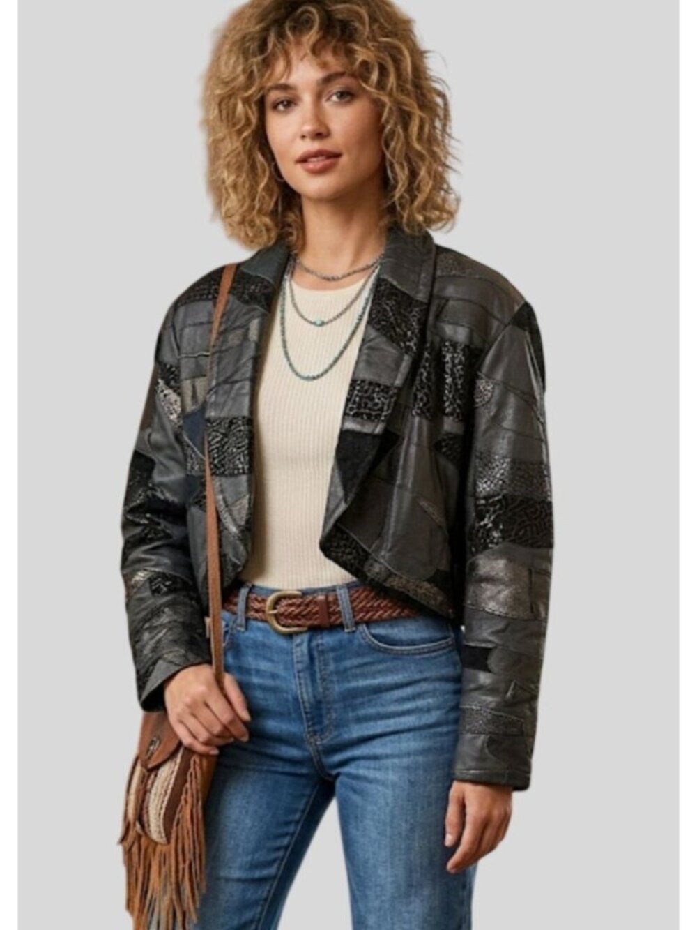 Vintage 90s Patchwork Mixed Media Leather Cropped Jacket Grunge Goth Rare  Small